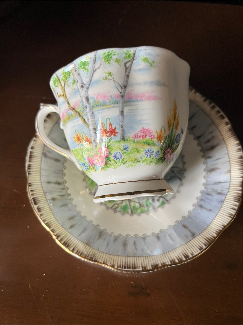 Royal Albert Floral Lakeside Teacup and Saucer in White, Green, Pink, Blue